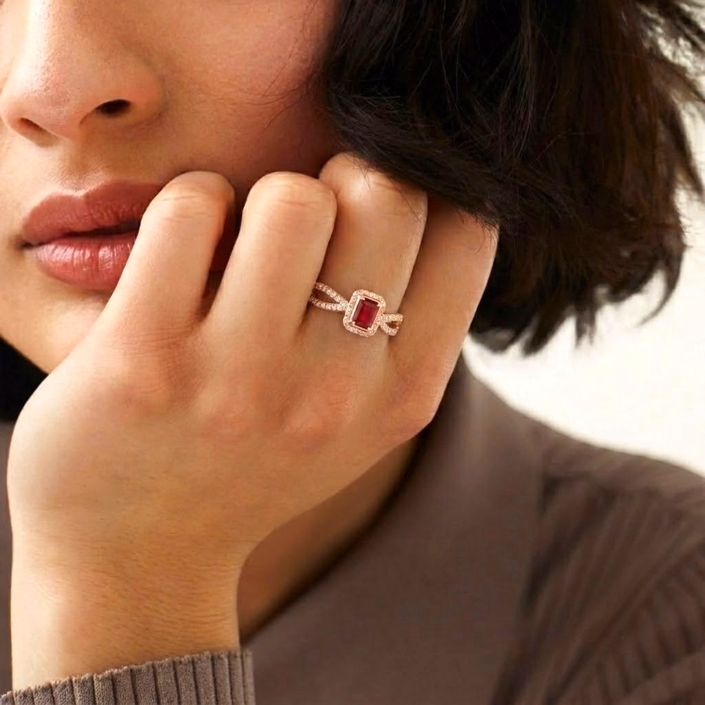Prestalla rose gold ruby halo ring — signature imitation jewelry
