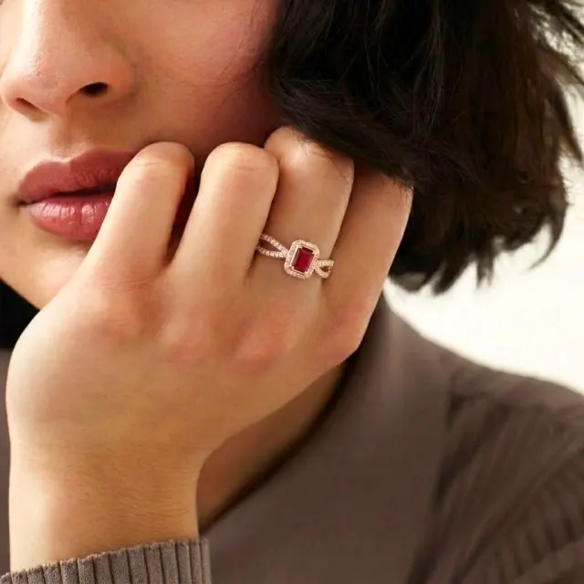 Rose Gold Ruby Halo Crisscross Ring
